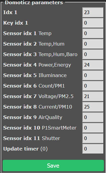 Tasmota instellingen voor Domoticz parameters