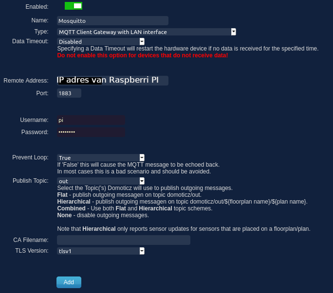 Raspberry PI MQTT client gateway aanmaken