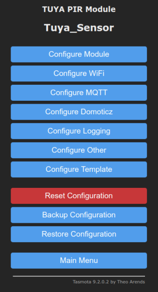 Tasmota sensor instellingen menu